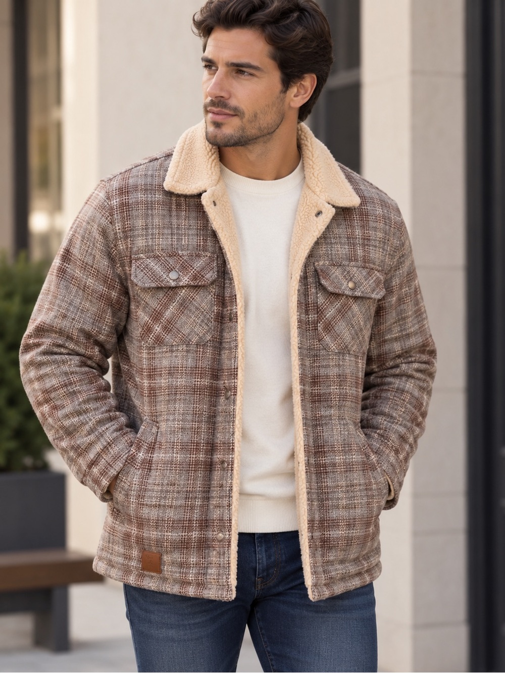 Cotton On Brown Plaid Sherpa Collar Jacket